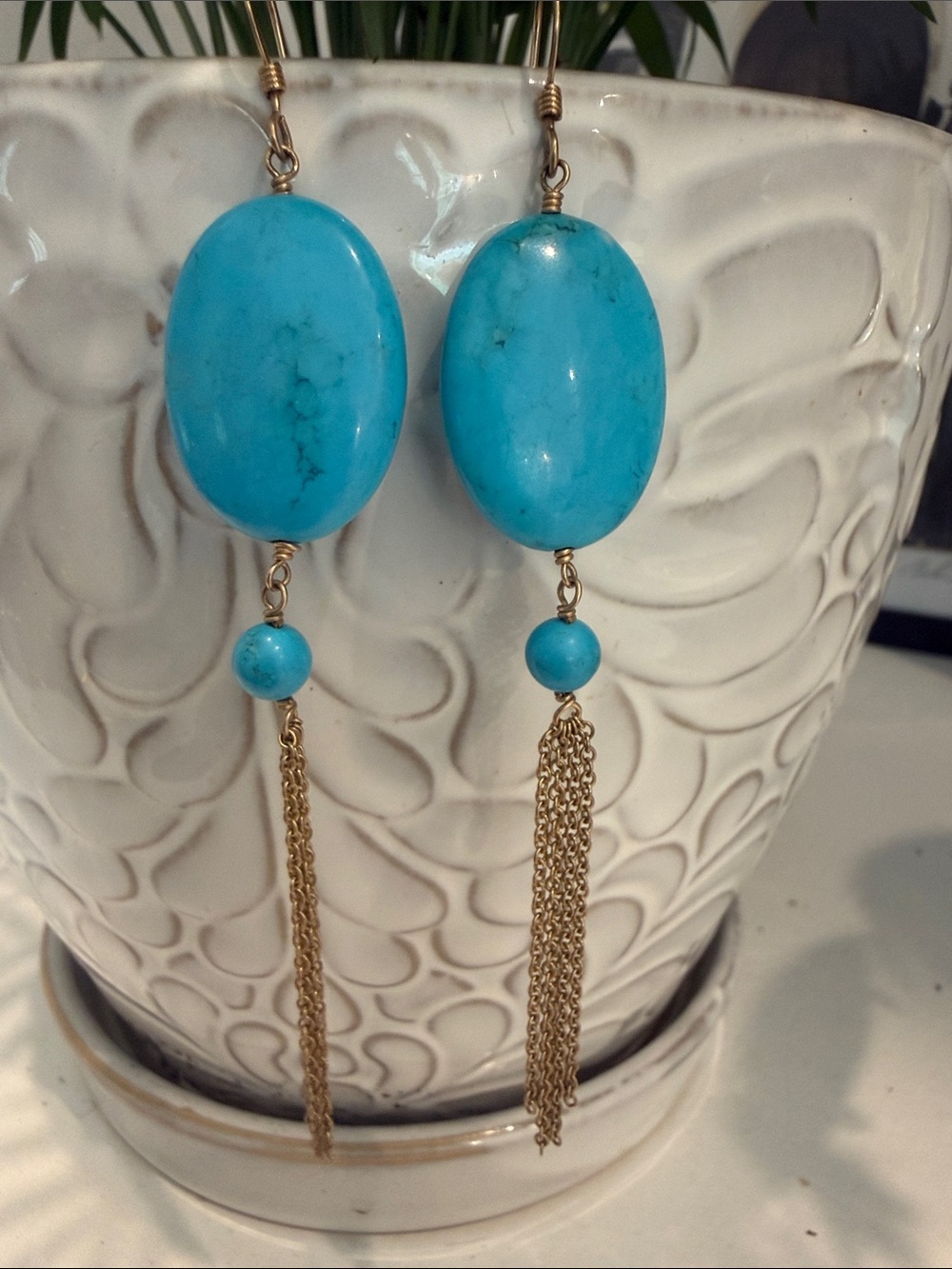 Genuine Turquoise 14K Gold-Filled Long Chain Tassel Earrings | Artisan Dangle